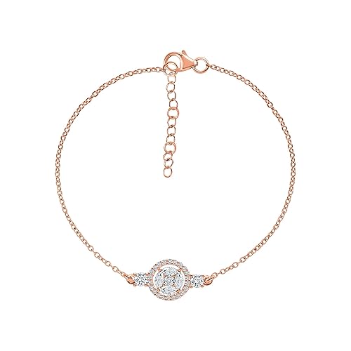 Ornate Jewels 925 Silver Rose Gold Plated American Diamond Cluster Halo Bracelet for Women & Girls | With Certificate of Authenticity and 925 Stamp | Life-time Warranty*