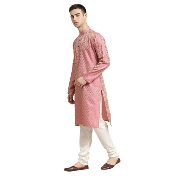 SOJANYA (Since 1958 Men's Jacq Silk Maroon Self Design Kurta & Off-White Churidar Pyjama Set - Image 2