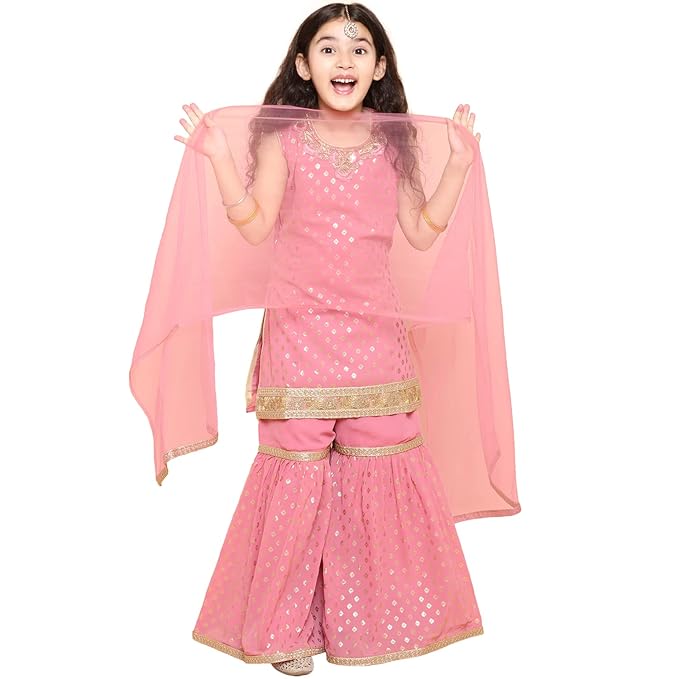 AJ DEZINES Kids Georgette Sleeveless Kurta Sharara Set for Girls - Ethnic Wear | Festival Wear - Foil Printed Pattern, Regular Fit