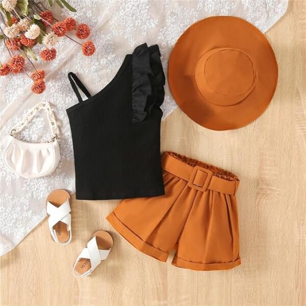 Bold N Elegant Cotton Blend Girl's Uptown One Shoulder Top And Shorts With Belt And Hat Trendy 4 Piece Coords Set For 3 To 7 Year Girl's Party Dress Outfit - Image 2