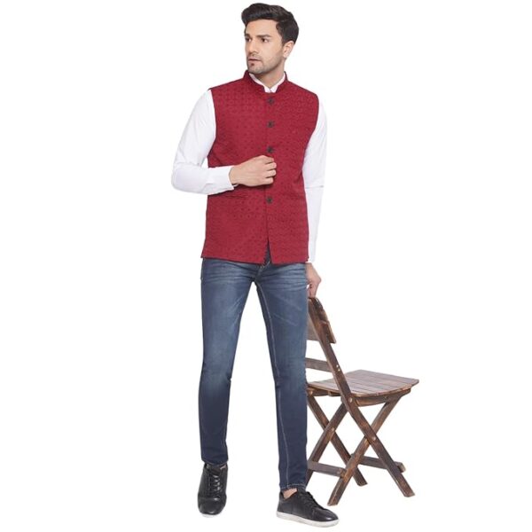 Veera Paridhaan Rayon Sequence Nehru Jacket for Men (Maroon) - Image 2