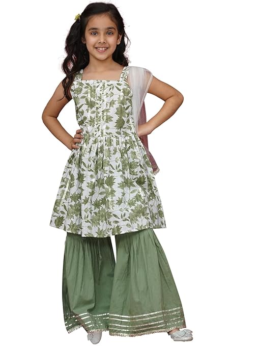 AJ DEZINES Kids Cotton Sleeveless Kurta Sharara with Dupatta Set for Girls - Ethnic Wear | Festival Wear - Floral Printed Pattern, Regular Fit
