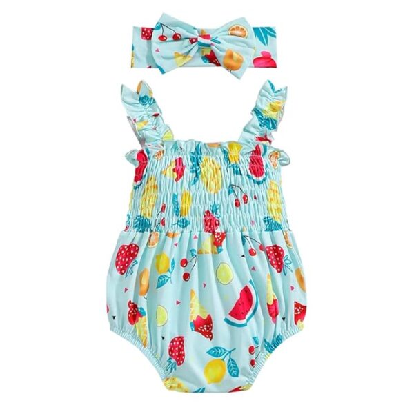Hopscotch Girls Polyester Fruit Print Bodysuit With Headband in Blue Color - Image 2
