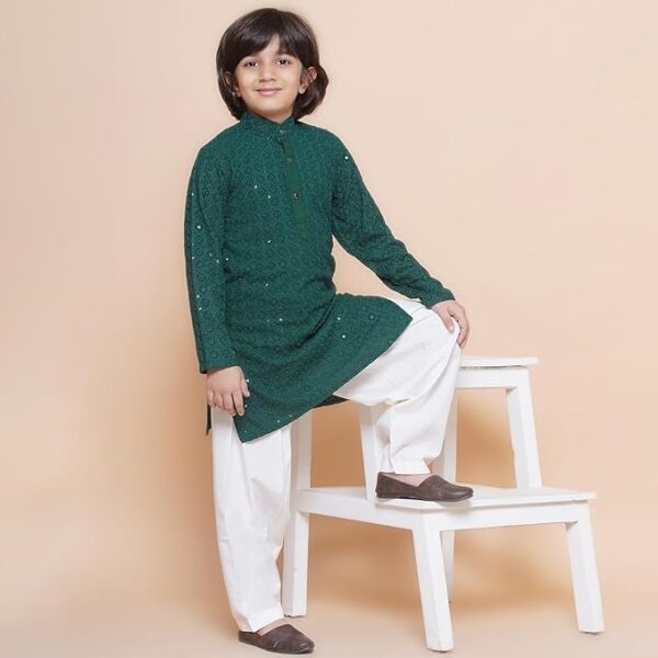 AJ DEZINES Kids Cotton Full Sleeve Sequined Chikankari Kurta Pajama Set for Boys - Ethnic wear | Special Occasion & Party Outfit | Mandarin Collar Kurta for boys - Regular Fit - Image 7