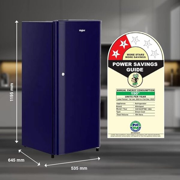 Whirlpool 184 L 2 Star Direct-Cool Single Door Refrigerator (205 WDE CLS 2S SAPPHIRE BLUE-Z, Blue,2023 Model) - Image 3