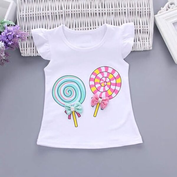 Bold N Elegant Cotton Summer Cute Lollipop Candy Printed Baby Girl's Ruffle Top Tshirt Vest With Shorts Set For Infant Toddler Kids - Image 4