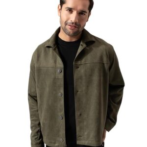 PERCH Men Green Suede Solid Cut & Sew Jacket|Men's Stylish Jacket, Comfortable Regular Fit, Full Sleeves,Lightweight Design, Suitable for Casual Wear, Travel &Everyday Outfits