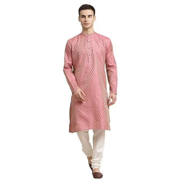 SOJANYA (Since 1958 Men's Jacq Silk Maroon Self Design Kurta & Off-White Churidar Pyjama Set