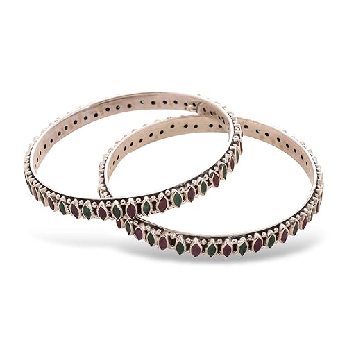 PEEN ZONE WE DELIVER THE ACTUAL JEWELRY Peenzone 92.5-925 Sterling Silver Marquise Shape Ruby Emerald Cup Setting Bangle Set for Women Girls Festival Wedding Anniversary - Image 3