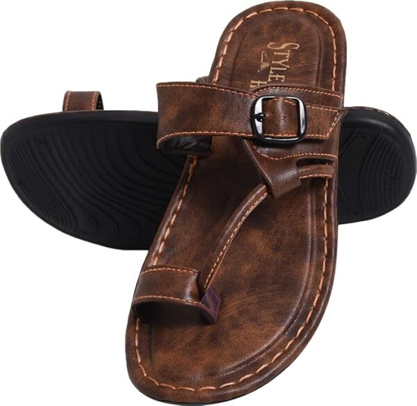 Men's Leather Toe Ring Sandals, Brown, Casual Comfort Slippers with Buckle - Image 7