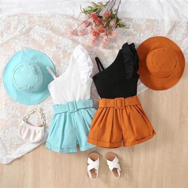 Bold N Elegant Cotton Blend Girl's Uptown One Shoulder Top And Shorts With Belt And Hat Trendy 4 Piece Coords Set For 3 To 7 Year Girl's Party Dress Outfit - Image 6