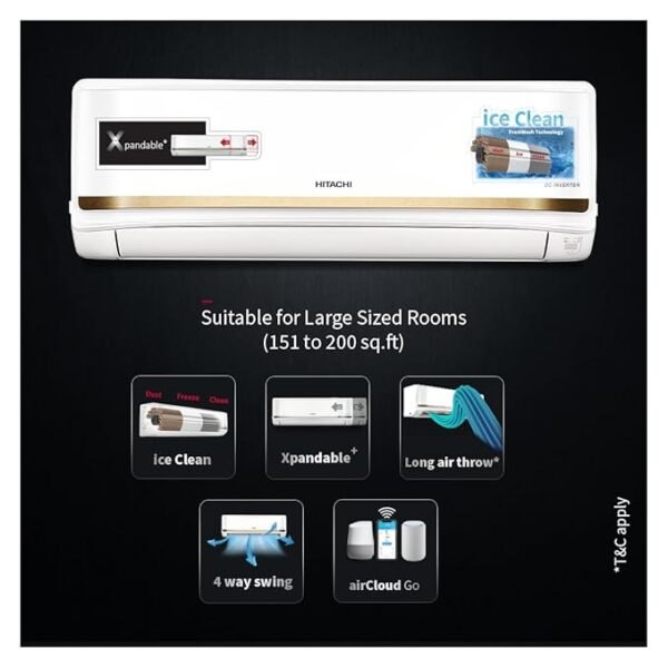 Hitachi 1.5 Ton 3 Star, 4Way Swing, Wi-Fi enabled, ice Clean, Xpandable+, Inverter Split AC (100% Copper, Dust Filter, 3500SWXL RAS.V318PCBISH, White) - Image 3