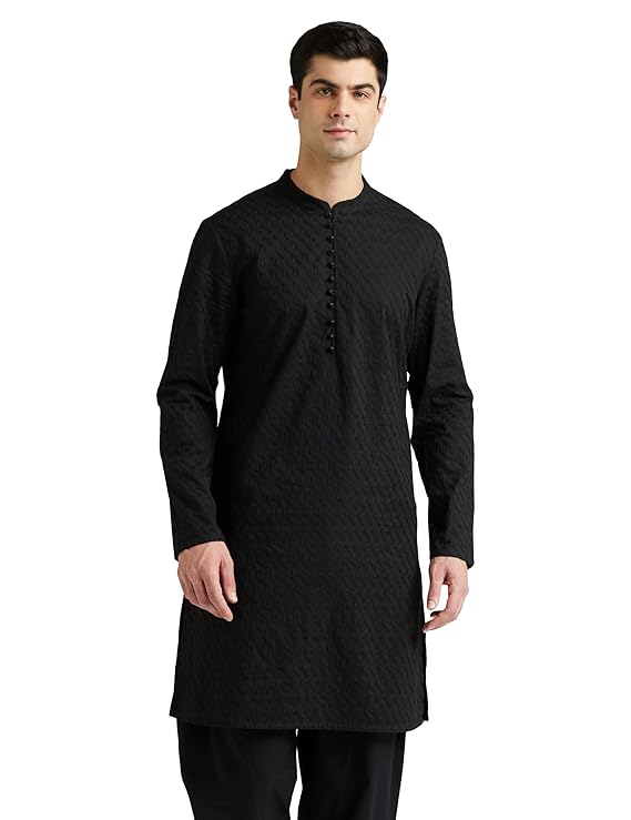 Amazon Brand - Symbol Men's Solid Regular Cotton Embroidered Long Kurta