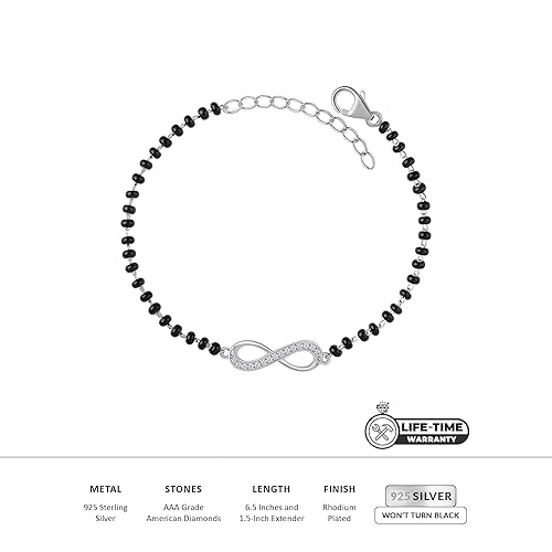 Ornate Jewels 925 Silver American Diamond Infinity Black Beads Adjustable Mangalsutra Bracelet Gifts for Women | With Certificate of Authenticity and 925 Stamp | Life-time Warranty* - Image 3