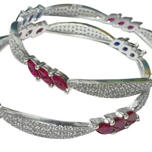 Real Silver AD Diamond Pink and blue stone Kada Bangles 2 Pc Bangle set for Women