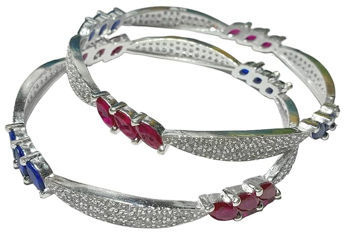 Real Silver AD Diamond Pink and blue stone Kada Bangles 2 Pc Bangle set for Women - Image 5