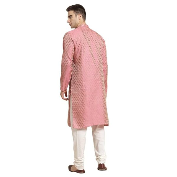 SOJANYA (Since 1958 Men's Jacq Silk Maroon Self Design Kurta & Off-White Churidar Pyjama Set - Image 3