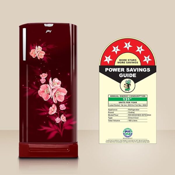 Godrej 180 L 5 Star Turbo Cooling Technology, 24 Days Farm Freshness Direct Cool Single Door Refrigerator With Base Drawer (RD EDGENEO 207E TDF MP WN, Maple Wine) - Image 4
