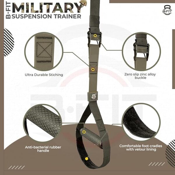 B Fit Bodyweight Fitness Resistance Kit Extension Strap for Door Pull Up Bar, Powerlifting Strength Training Kit Straps Home Gym Exercise Full-Body Workout Equipment (Military Color-PRO-Trainer Kit) - Image 3