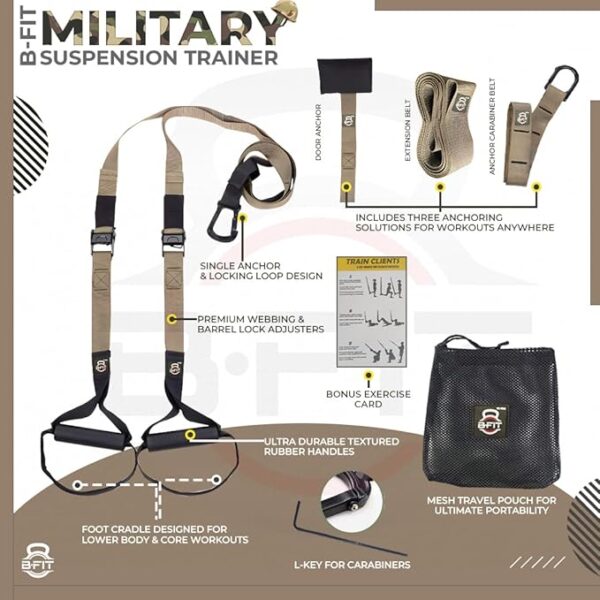 B Fit Bodyweight Fitness Resistance Kit Extension Strap for Door Pull Up Bar, Powerlifting Strength Training Kit Straps Home Gym Exercise Full-Body Workout Equipment (Military Color-PRO-Trainer Kit) - Image 2