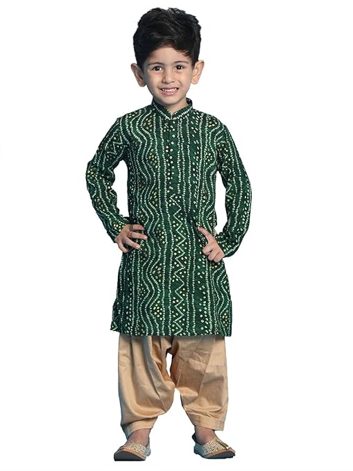 VASTRAMAY Boys' Blue and Rose Gold Kurta Patiala Set | Gold Bandhani And Foil Print Rayon Kurta With Pyjama for Navratri, Diwali & Festive Celebrations - Stylish and Comfortable Indian Outfit for Kids