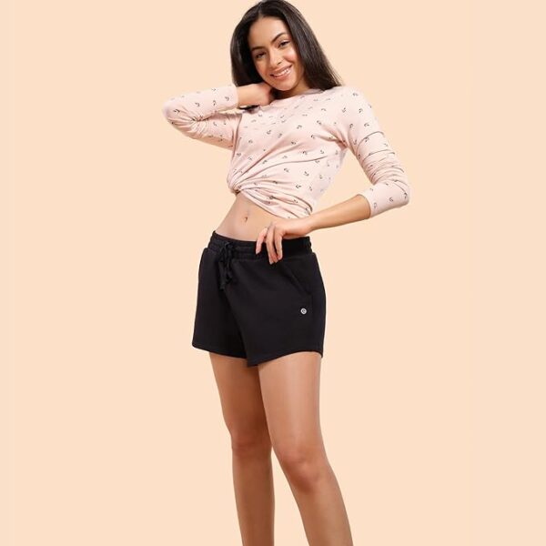 Enamor E078 Quick Dry 4 Way Stretch Antimicrobial Relaxed Fit Mid Rise 100% Cotton Mid-Thigh Length Shorts for Women with Adjustable Waistband & Pockets - Image 2