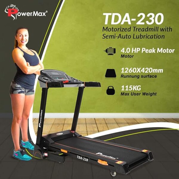 PowerMax Fitness TDA-230 (4HP Peak) Smart Folding Electric Treadmill with Auto Incline, MP3, Speaker, DIY and Virtual Assistance, Exercise Machine for Home Gym and Cardio Training - Image 3