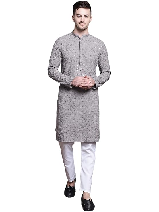Jompers Men's Sequin Embroidered Pure Cotton Kurta with Pyjamas