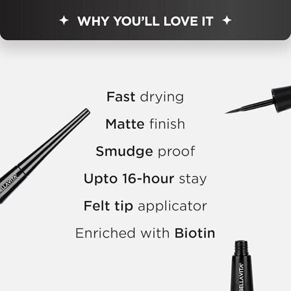 BELLAVITA Intense Drama Waterproof Smudge Proof Eyeliner 3.5ml, Black, Matte Finish, Fast-Drying, Felt Tip Applicator, Enriched with Biotin - Image 5
