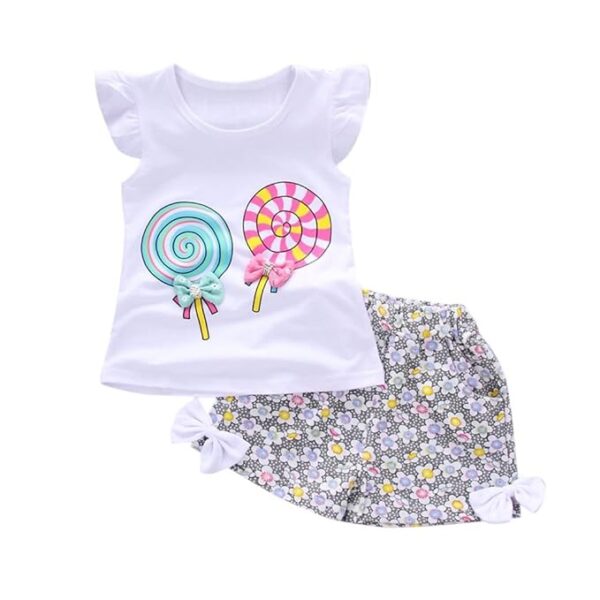 Bold N Elegant Cotton Summer Cute Lollipop Candy Printed Baby Girl's Ruffle Top Tshirt Vest With Shorts Set For Infant Toddler Kids