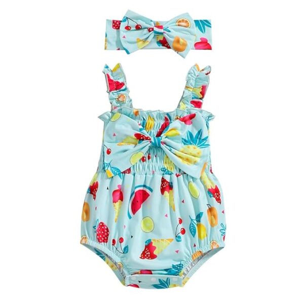 Hopscotch Girls Polyester Fruit Print Bodysuit With Headband in Blue Color