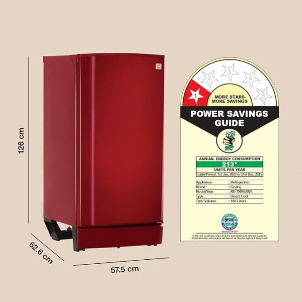 Godrej 183 L 1 Star Advanced Capillary Technology Direct Cool Single Door Refrigerator (2025 Model, RD EDGE 190A TRF ST WN, Steel Wine) - Image 2