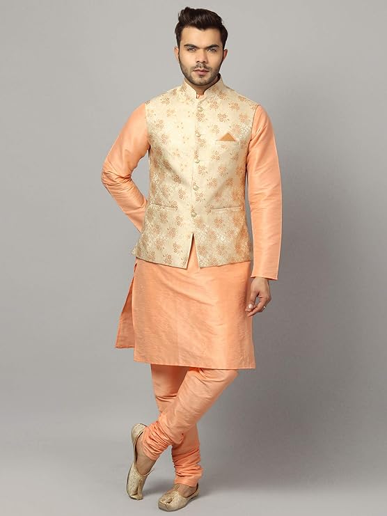 Ethluxis® Men's Silk Blend Kurta Churidar Pyjama with Ethnic Bundi Jacket Set - Image 2