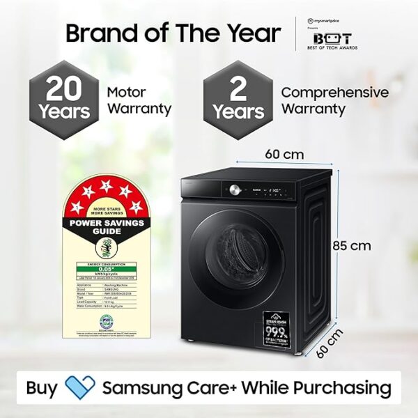 Samsung 12 kg, 5 Star, AI Control, Super Speed, Wi-Fi, Hygiene Steam with Inbuilt Heater, Digital Inverter, Fully-Automatic Front Load Washing Machine (WW12DB8B54GBTL, Black) - Image 3