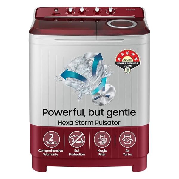 Samsung 7.5 Kg Inverter 5 Star Semi Automatic Top Load Washing Machine (WT75B3200RR/TL, Light Grey & Red Base, Air turbo drying)