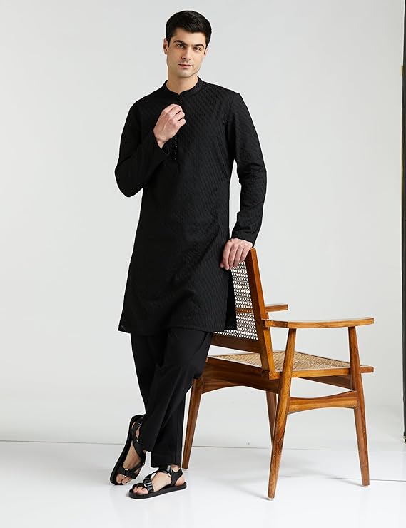 Amazon Brand - Symbol Men's Solid Regular Cotton Embroidered Long Kurta - Image 5