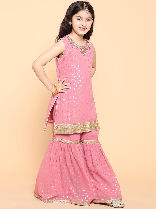 AJ DEZINES Kids Georgette Sleeveless Kurta Sharara Set for Girls - Ethnic Wear | Festival Wear - Foil Printed Pattern, Regular Fit - Image 6