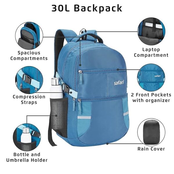 Safari Omega Pro 35L Laptop Backpack with Raincover, 3 compartments, bottle holder, organizer, school bag for boys and girls, college bag for women and men, office bag, travel bag - Image 4