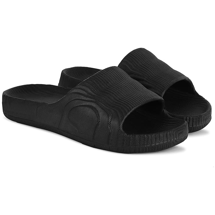 Unisex Textured Slide Sandals, Indoor Outdoor Slippers, Black - Image 2