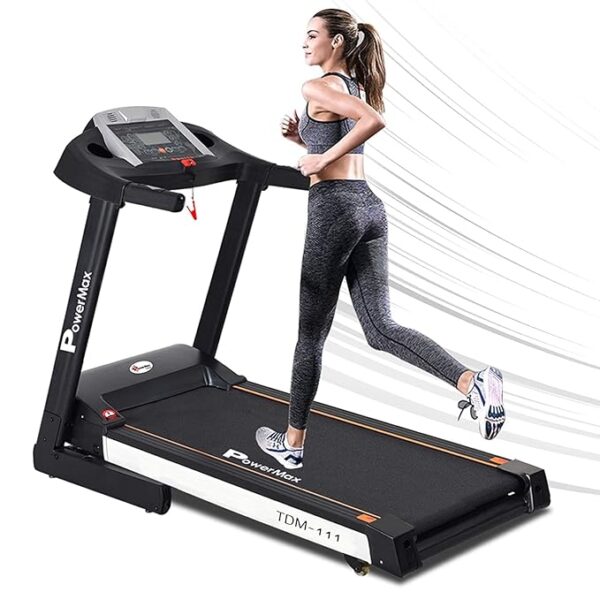 PowerMax Fitness TDM-111 (4HP Peak) Motorized Treadmill for Home Use 12-Pre Set Promax Workout Session【Max User Wt.110kg|8 Level Manual Incline |Top Speed:14 Km/hr | Spring Resistance | Foldable】