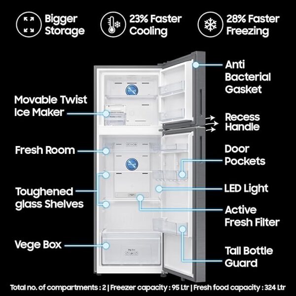 Samsung 419 L, 3 Star, Convertible 5-in-1, Digital Inverter, Frost Free Double Door, WiFi Enabled Bespoke AI Refrigerator (RT45DG6A4DSLHL, Ez Clean Steel) - Image 4