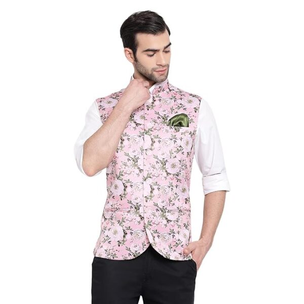 VASTRAMAY Mens Silk Blend Nehru Jacket - Timeless Style & Versatility | Digital Floral Printed Ethnic Sleeveless Coat for Formal & Casual Wear