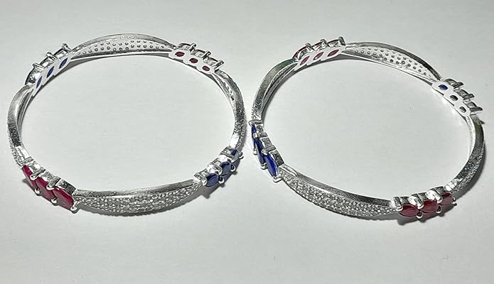 Real Silver AD Diamond Pink and blue stone Kada Bangles 2 Pc Bangle set for Women - Image 3