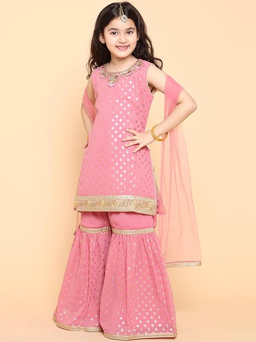 AJ DEZINES Kids Georgette Sleeveless Kurta Sharara Set for Girls - Ethnic Wear | Festival Wear - Foil Printed Pattern, Regular Fit - Image 5