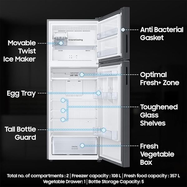 Samsung 465 L, 1 Star, Optimal Fresh+, Digital Inverter, Frost Free Double Door AI Enabled Smart Refrigerator with WiFi (RT51DG682AB1TL, Black Matt) - Image 4