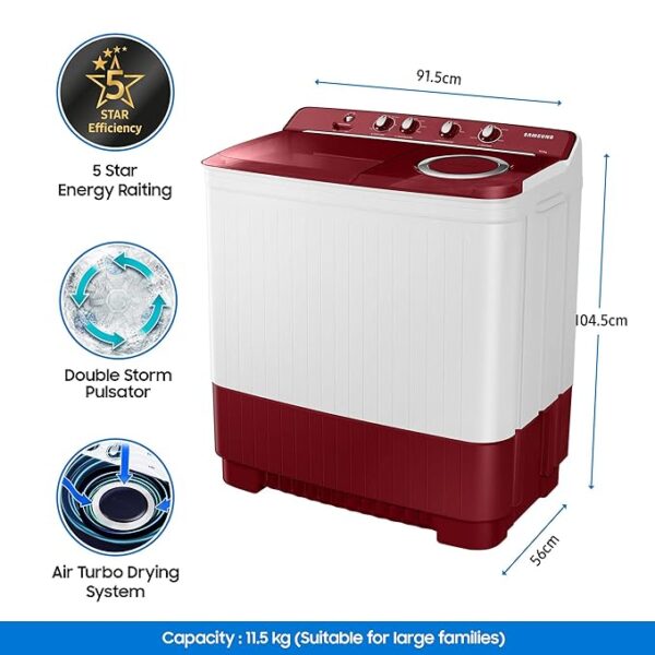 Samsung 11.5 Kg Semi-Automatic Top Load Washing Machine (WT11A4600RR/TL, Light Gray,Air Turbo Technology) - Image 3