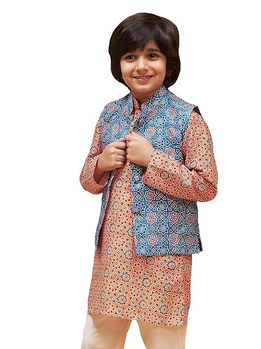 VASTRAMAY Boys' Blue Nehru Jacket | Classic & Elegant Sleeveless Moroccan Pattern Printed Silk Blend Jacket for boys - Navratri Special Traditional Ethnic Waistcoat - Perfect for Festivals, Weddings - Image 2