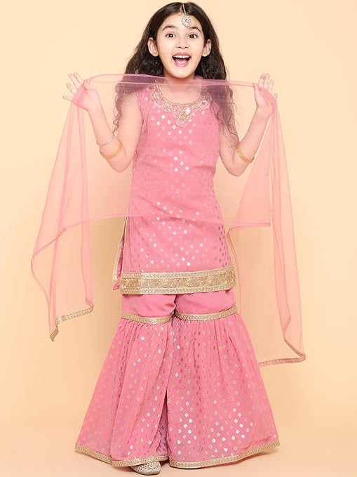AJ DEZINES Kids Georgette Sleeveless Kurta Sharara Set for Girls - Ethnic Wear | Festival Wear - Foil Printed Pattern, Regular Fit - Image 2