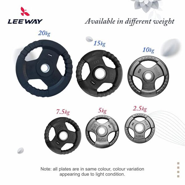 LEEWAY Rubber-Coated Metal Integrated Olympic Barbell Rubber Weight Plates with 50 mm Dia | Rubber Weight| Spare Gym Weightlifting Plates. (120kg(2.5kgX2+5kgX2+7.5kgX2+10kgX2+15kgX2+20kgX2)) - Image 6