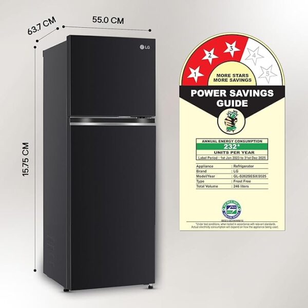 LG 246 L 3 Star Smart Inverter Frost-Free Double Door Refrigerator (, GL-S262SESX, Ebony Sheen, Convertible) - Image 4